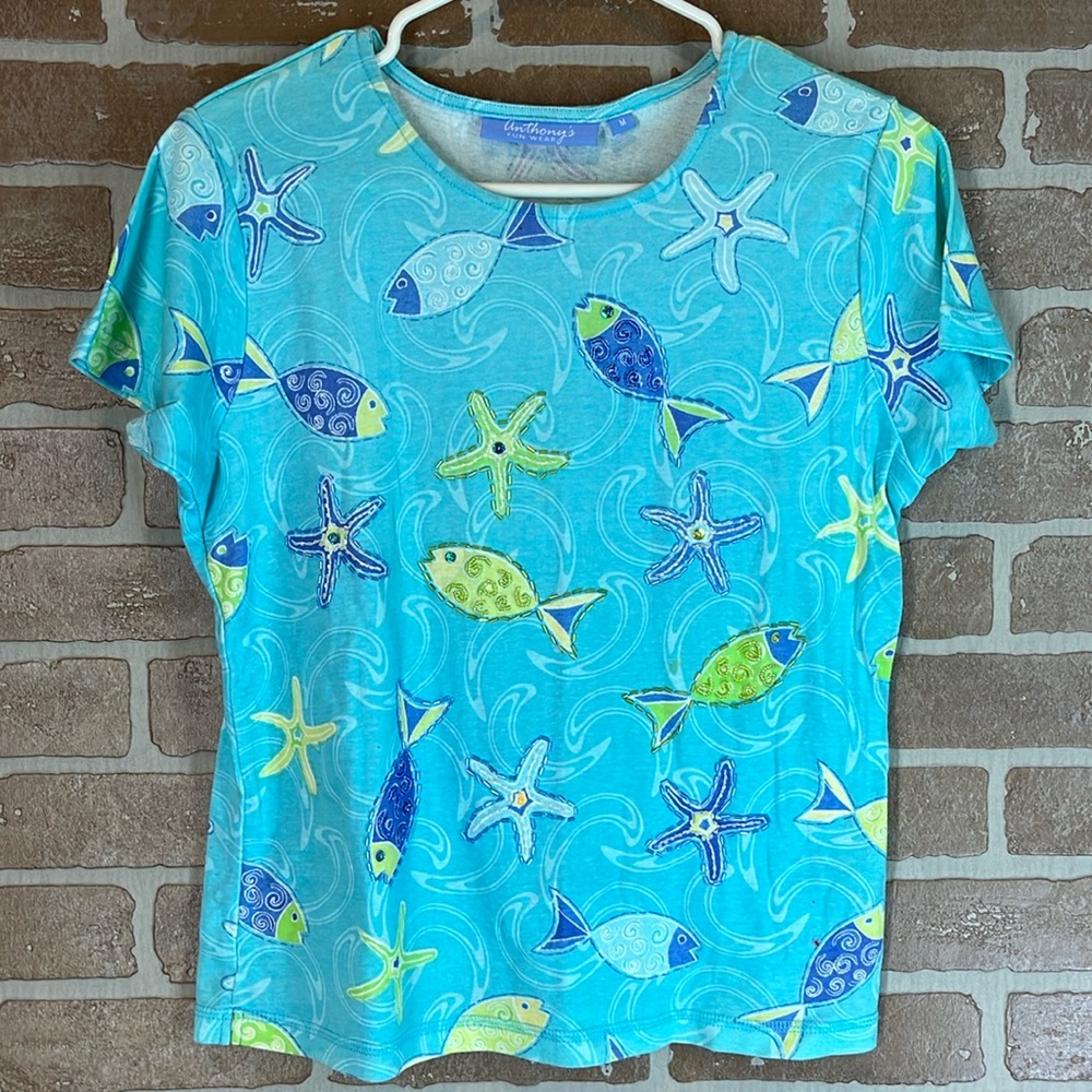 Y2K Vintage Top Blue Women’s T Shirt Size Medium Sequined Fish